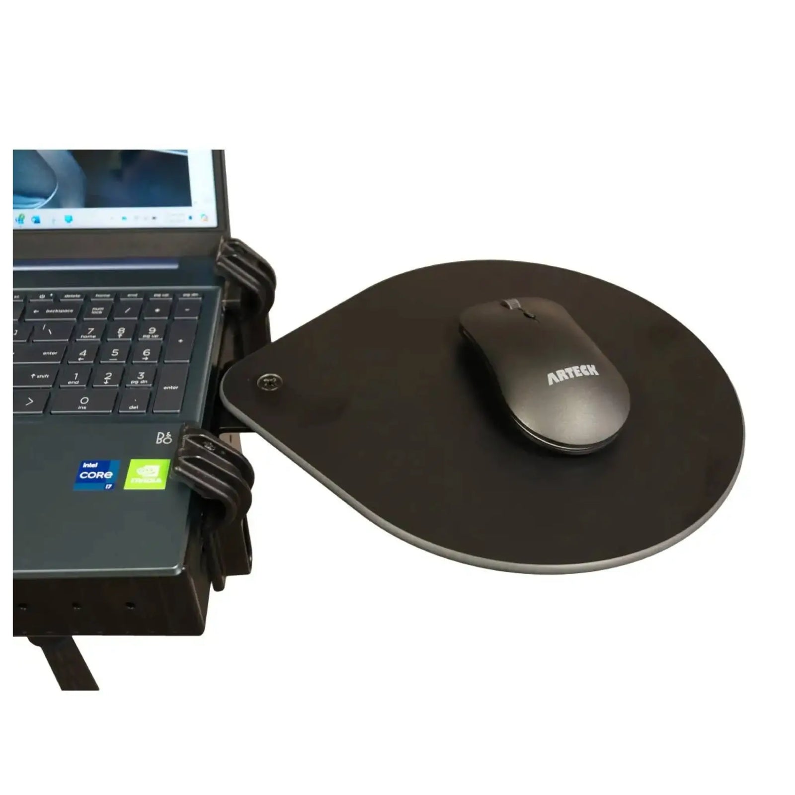 Laptop with a mouse on an 8-inch round mouse platform easily attached to RAM laptop tray.