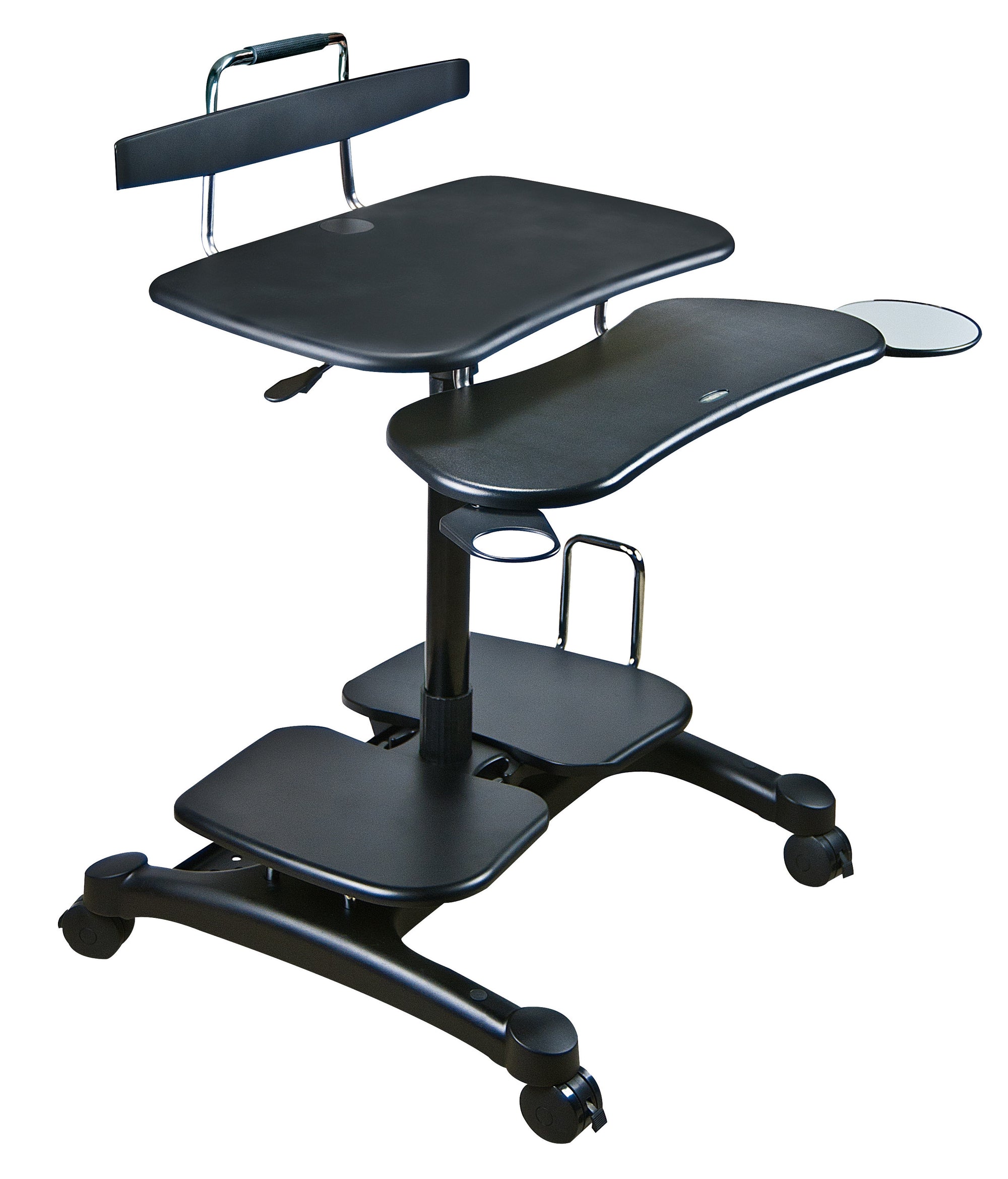 The image shows a multi-level, mobile computer workstation. It has platforms for a monitor, keyboard, and computer tower, and includes an adjustable height mechanism and wheels for mobility.