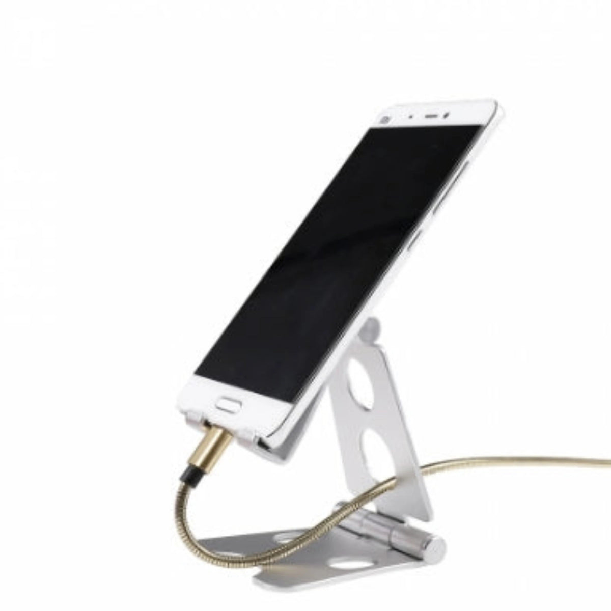 Our Portable Cellphone and Tabblet Holder securely holding an Android phone while chargng. The open holed design in the back of the device allows for great flexibility for things such as chargers like in the image.