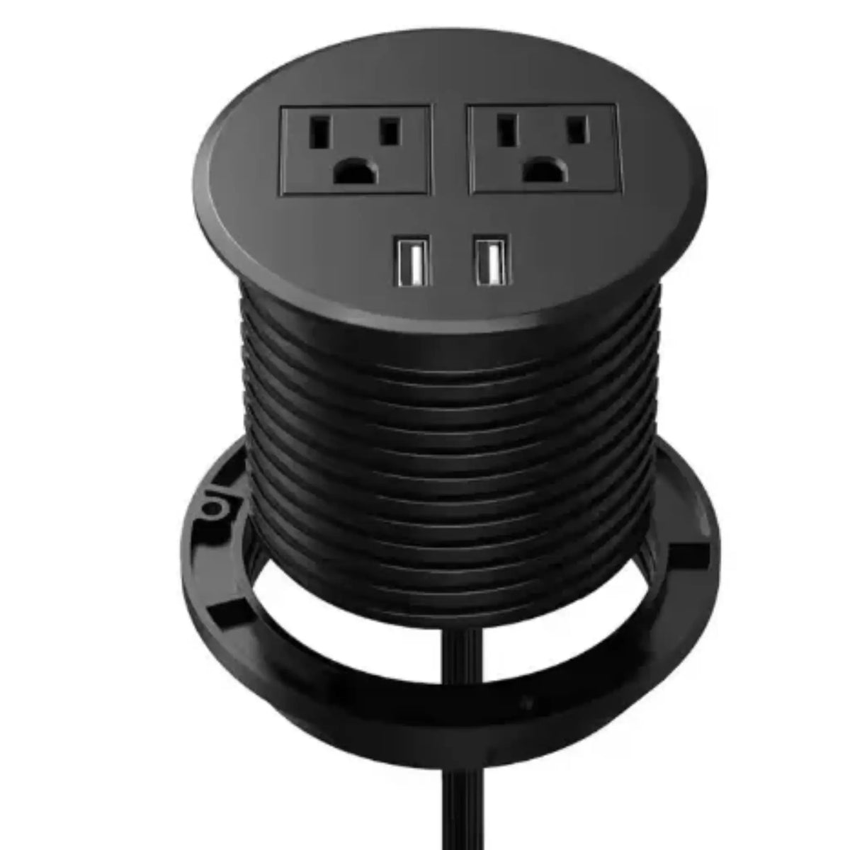Black Power Grommet charger with 2 USB-A ports (5V/2A) and 2 AC outlets (1500W max) Compatible with VanGo mobile office pencil cup openings.