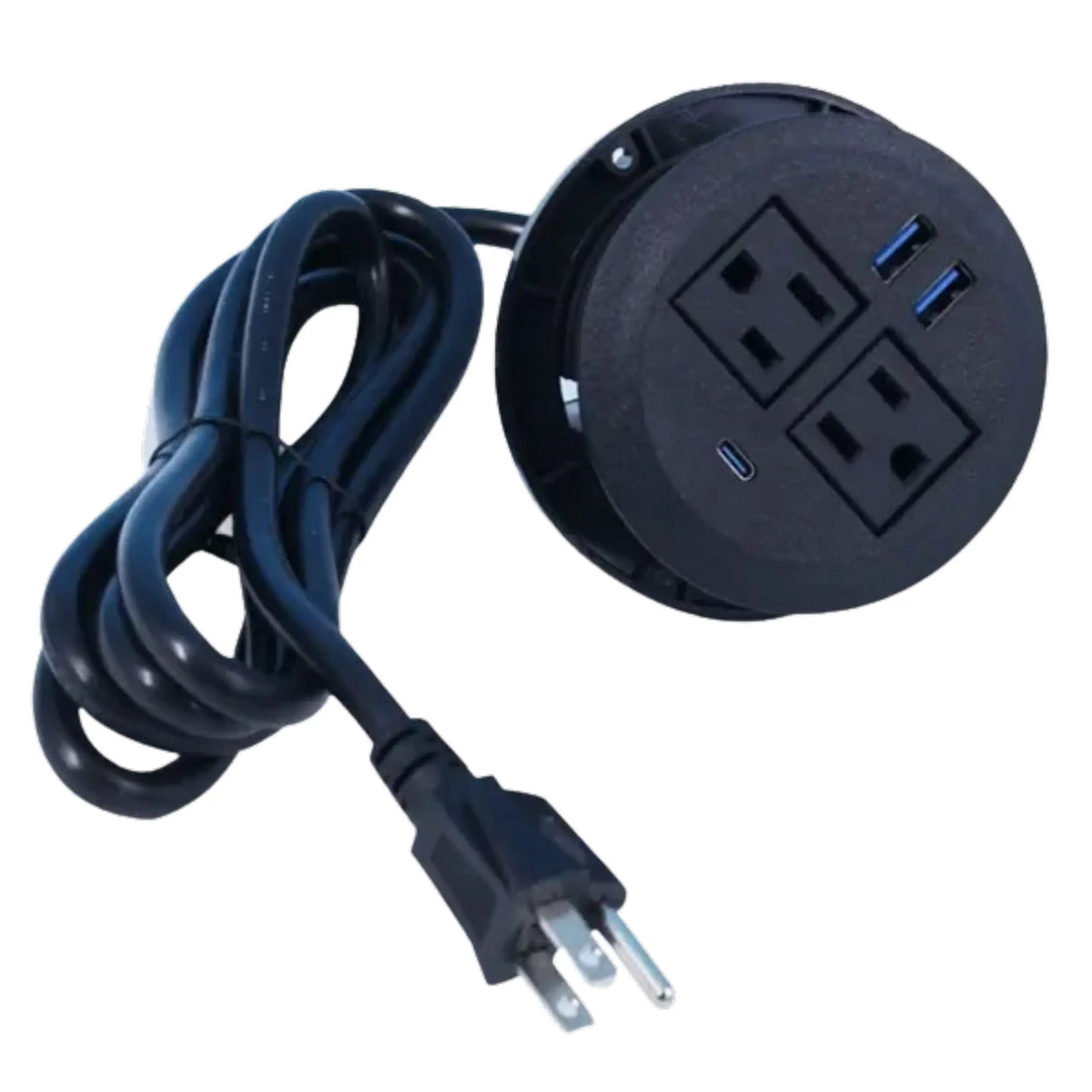 Black Power Grommet: power 
strip with a sleek design. There is a Flush-mount for a tidy workspace and multiple outlets and USB ports on a white background.