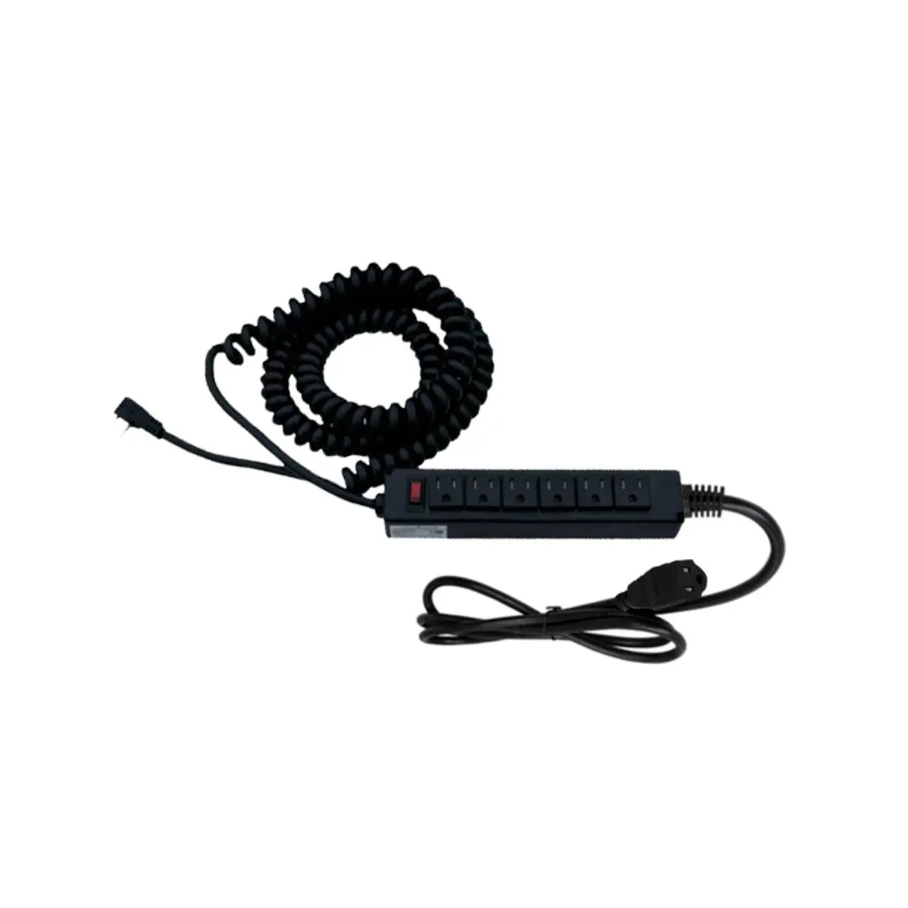 a black multi-outlet power bar with a surge protector, coiled cord and a standard electrical plug. The cord is spiral for flexibility and compact storage.