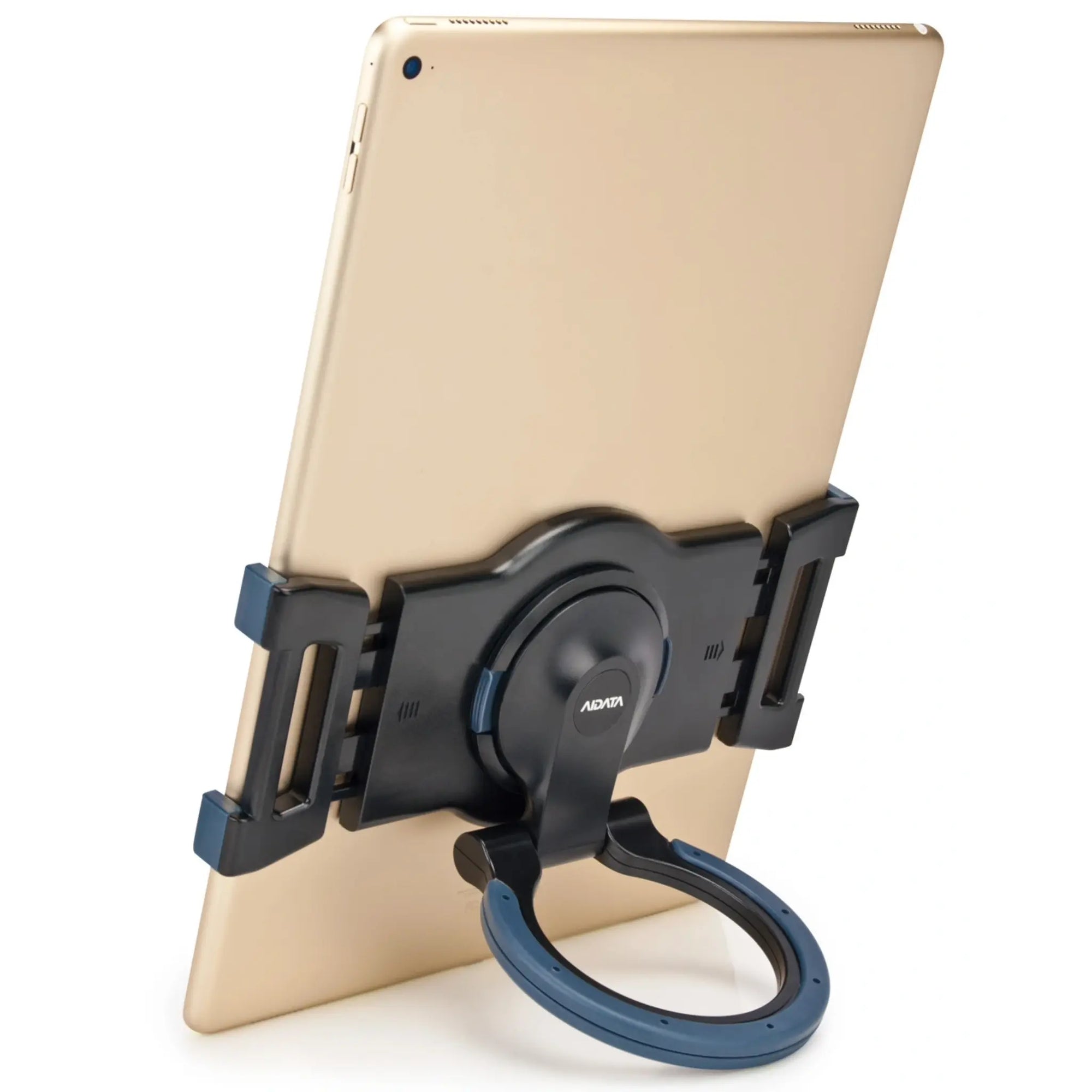 Black Universal Portable Multi-Surface Tablet Stand (XL) horizontally attached to the tablet