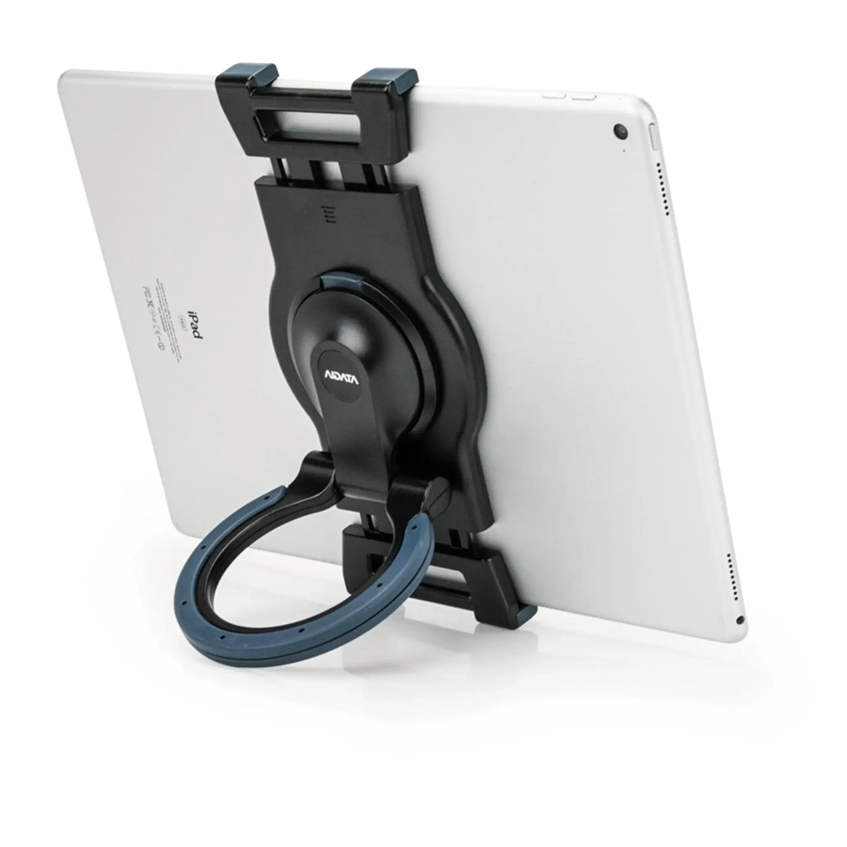 Black Universal Portable Multi-Surface Tablet Stand (XL) Vertically holding a horizontal tablet in place.