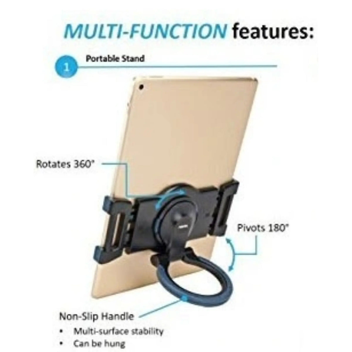 Universal Portable Multi-Surface Tablet Stand (XL) with labelled features.