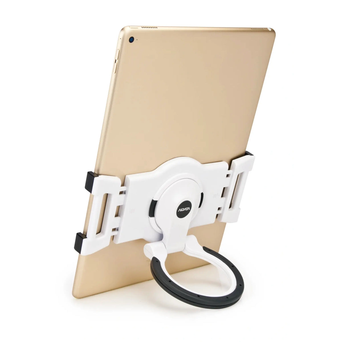 White Universal Portable Multi-Surface Tablet Stand (XL) horizontally holding a tablet in place.