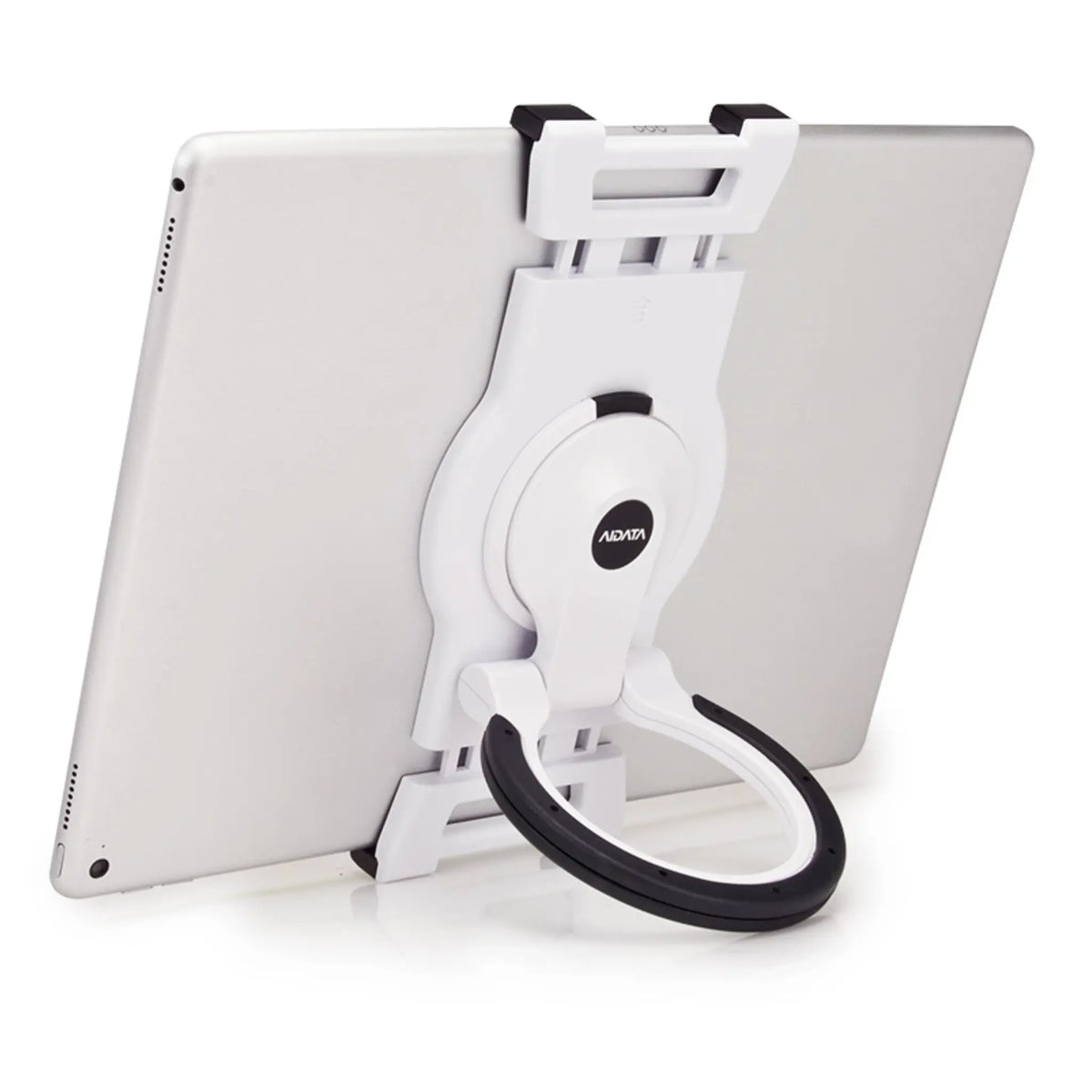 White Universal Portable Multi-Surface Tablet Stand (XL) vertically holding a tablet in place.
