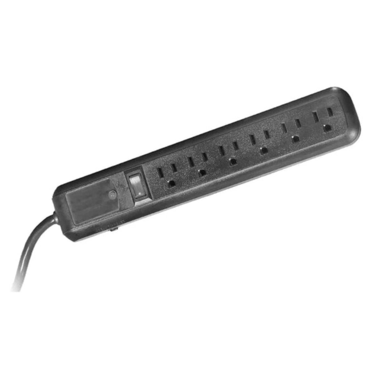 a black power strip with multiple outlets and a visible on/off switch, isolated on a white background. This device is typically used to provide multiple electrical outlets from a single source, and the on/off switch allows for easy control of power flow