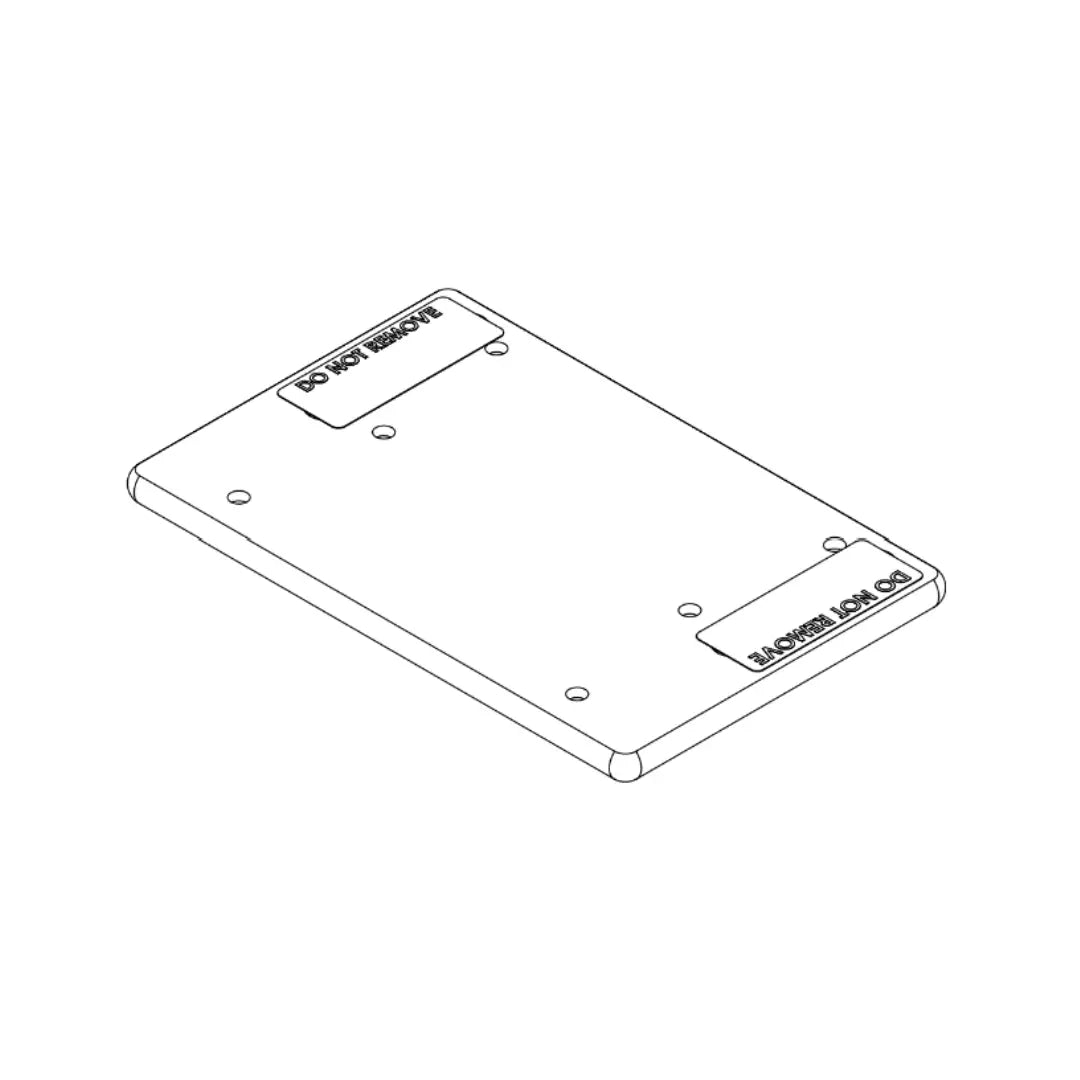 Illustration of an AKP Adaptor Plate, a rectangular metal plate with various holes and cutouts for mounting purposes