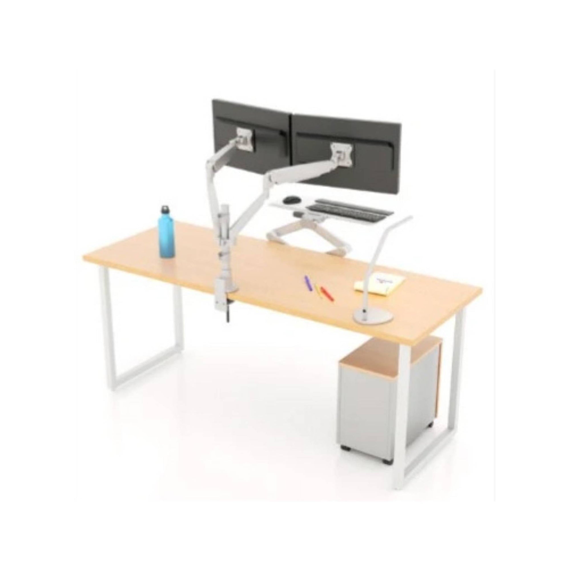 Back view of the Solace Stealth Sit-Stand with dual monitor arms, adjustable desk and keyboard height, and plenty of open desk space