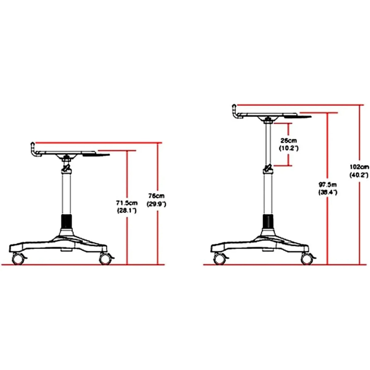 Measurements of the Adjustable height Sit/Stand Mobile Laptop Workstation.