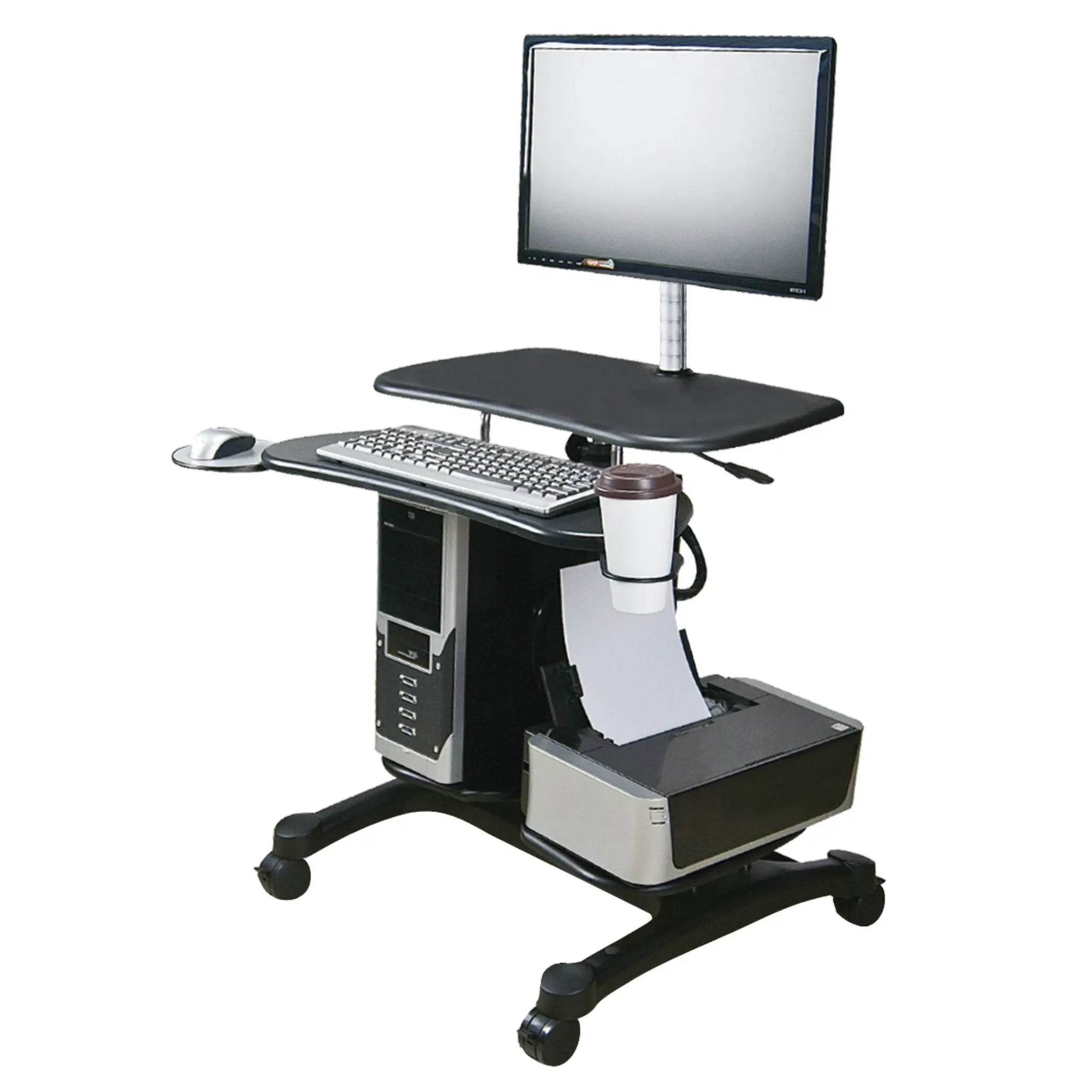 
Sit/Stand Mobile PC Workstation w/Monitor Mount with additional shelves