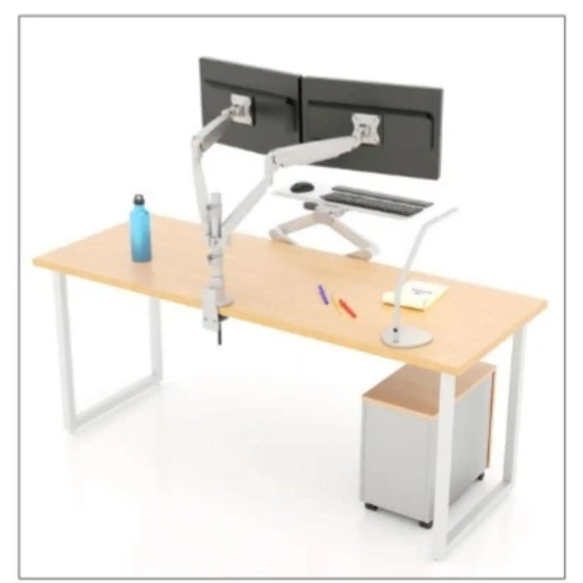 Back view of the Solace Stealth Sit-Stand with dual monitor arms, adjustable desk and keyboard height, and plenty of open desk space