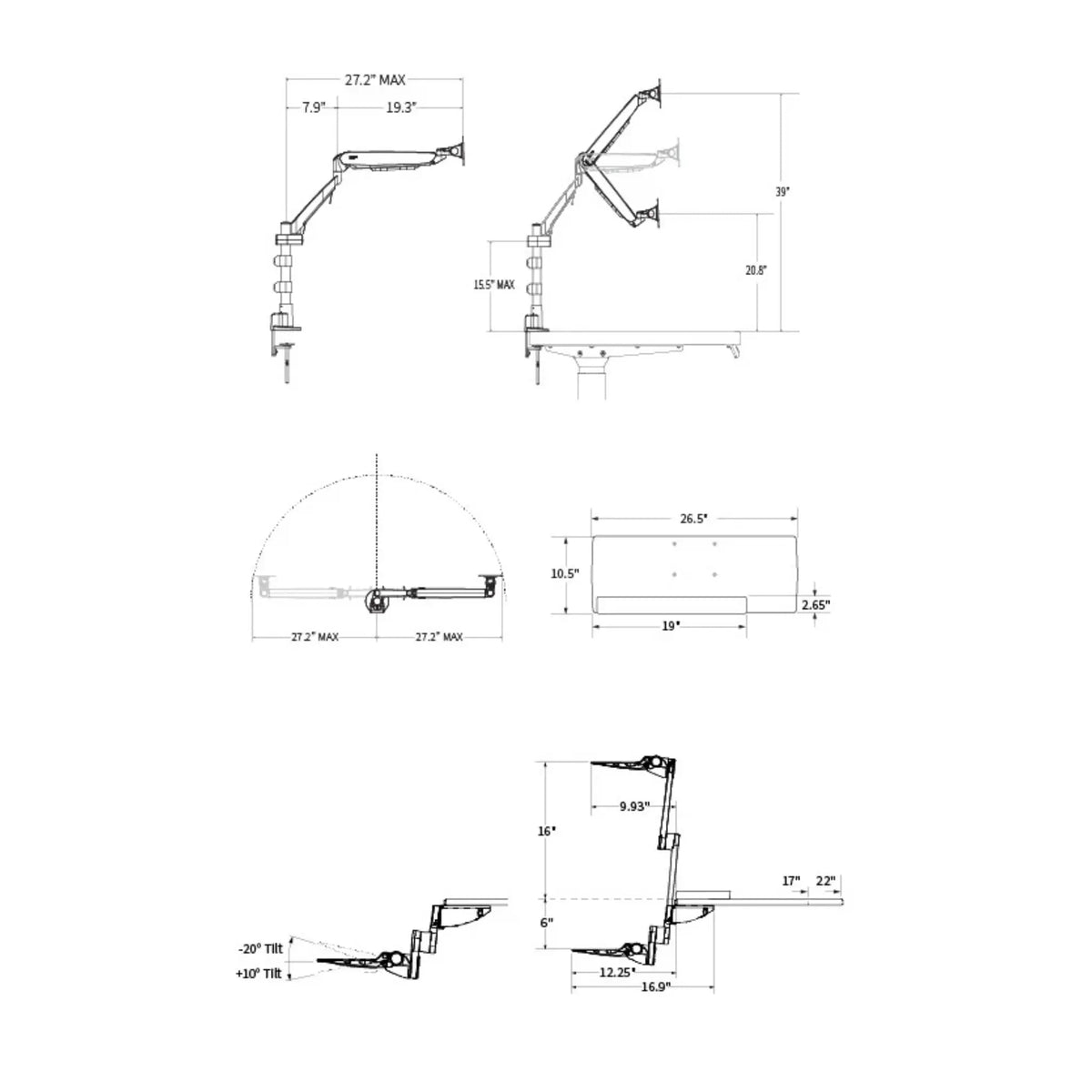 Technical drawing of the Solace Stealth Sit-Stand with dimensions on a white background