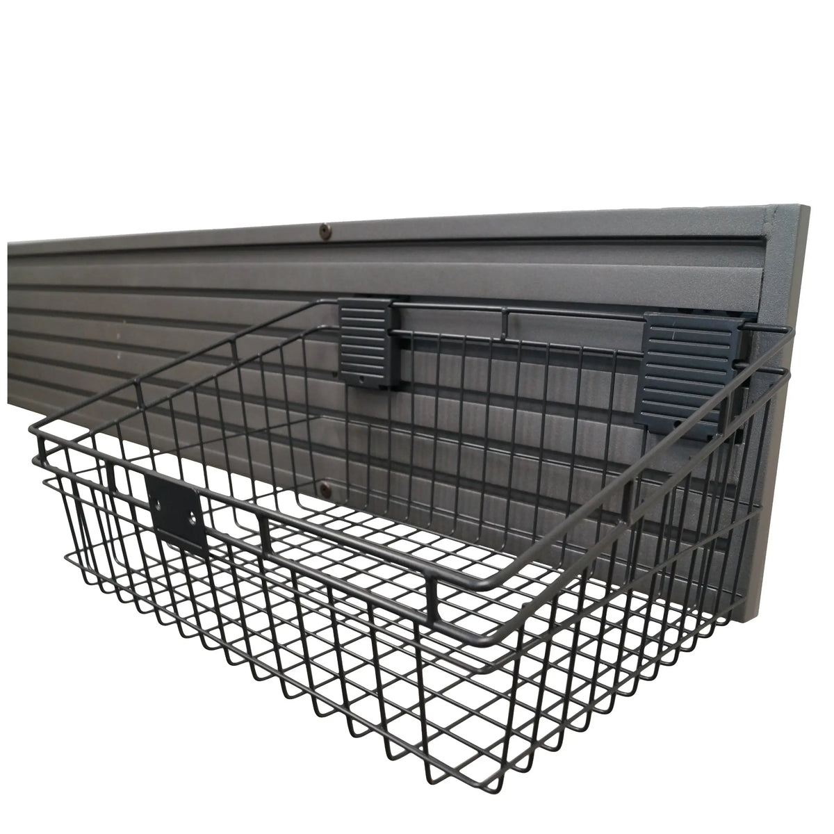 A large sized Slatwall Basket attached to Slatwall Hutch