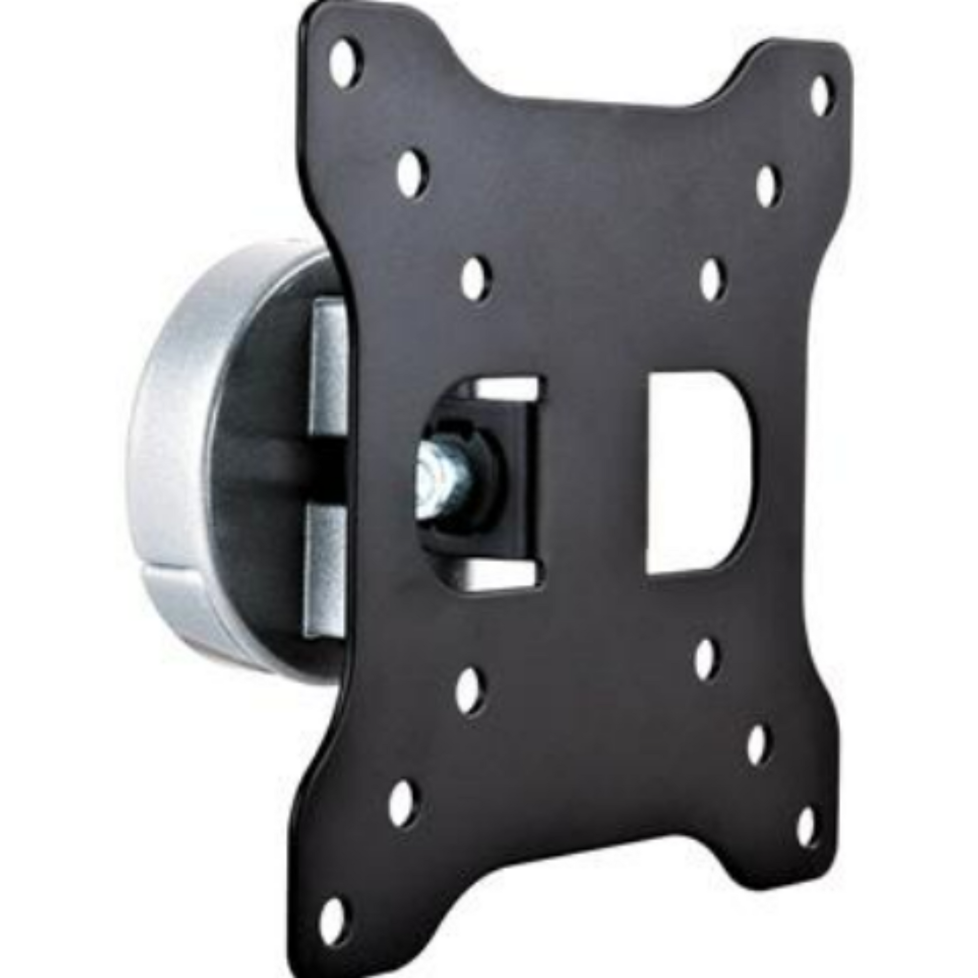 a black, wall-mounted monitor bracket featuring a flat, rectangular black plate with multiple screw holes for attaching a monitor. The plate is attached to a silver-colored swivel mechanism that allows for tilting and rotation. 