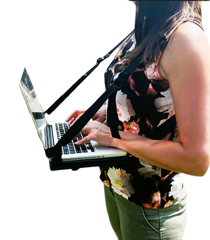 Woman with laptop harness