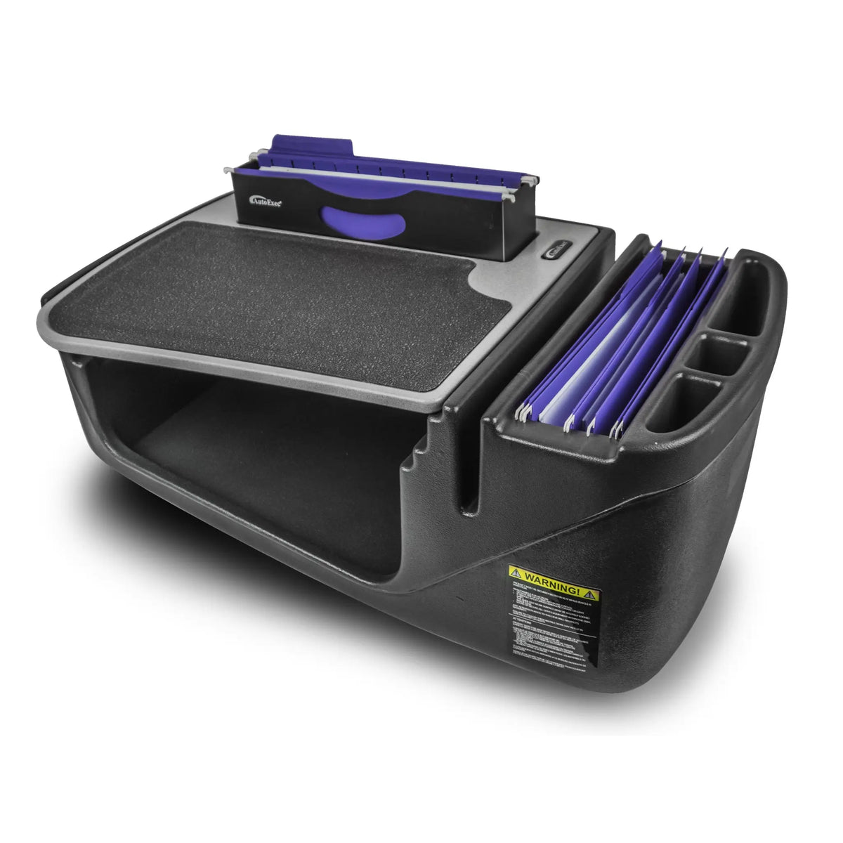 Black office desk organizer with a tray and compartments on a white background