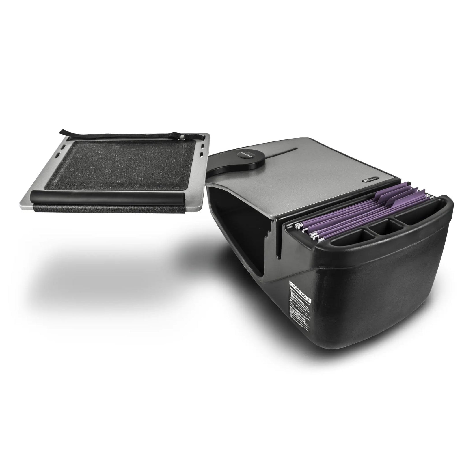 Black car console organizer with compartments on a white background