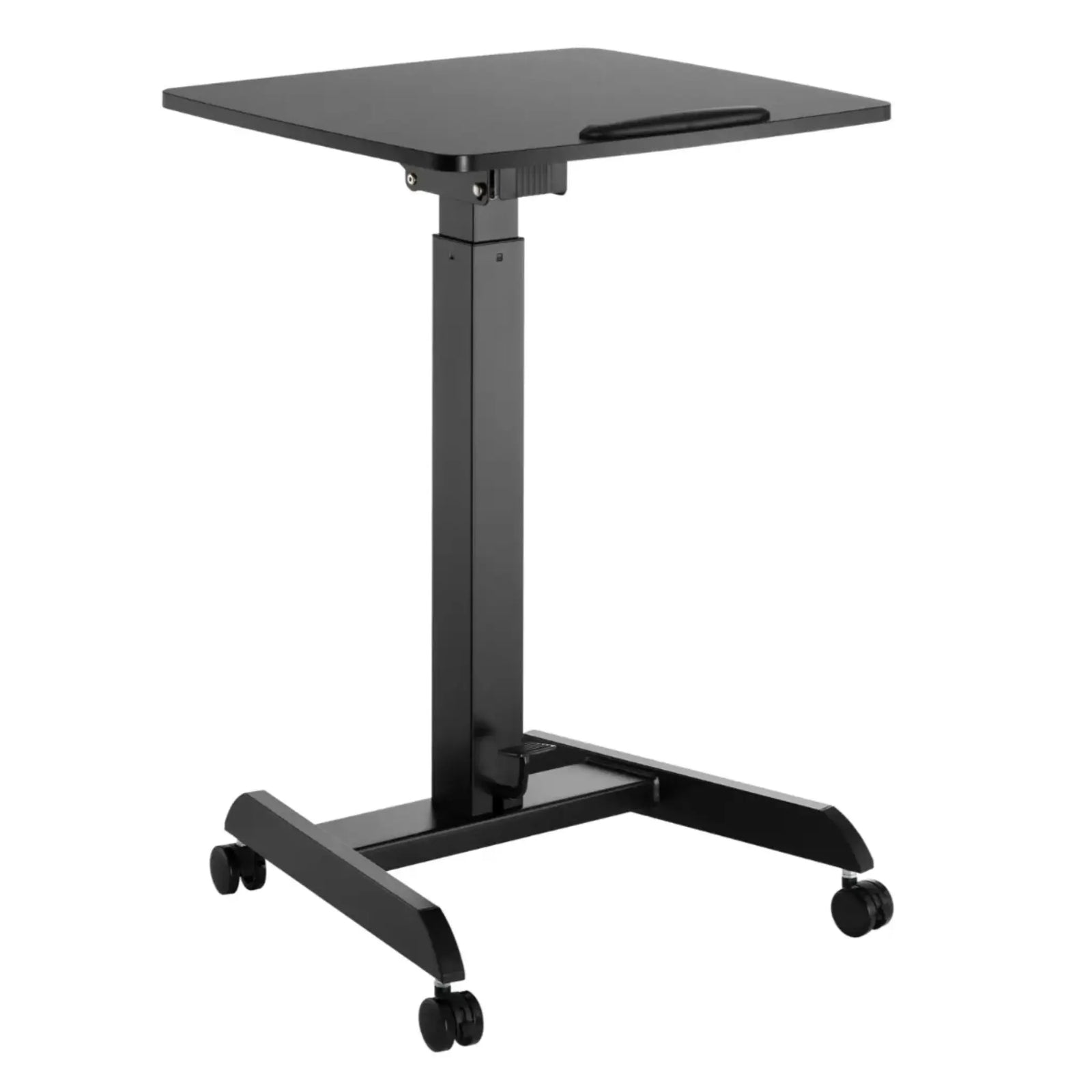 Black adjustable height desk on wheels with a white background