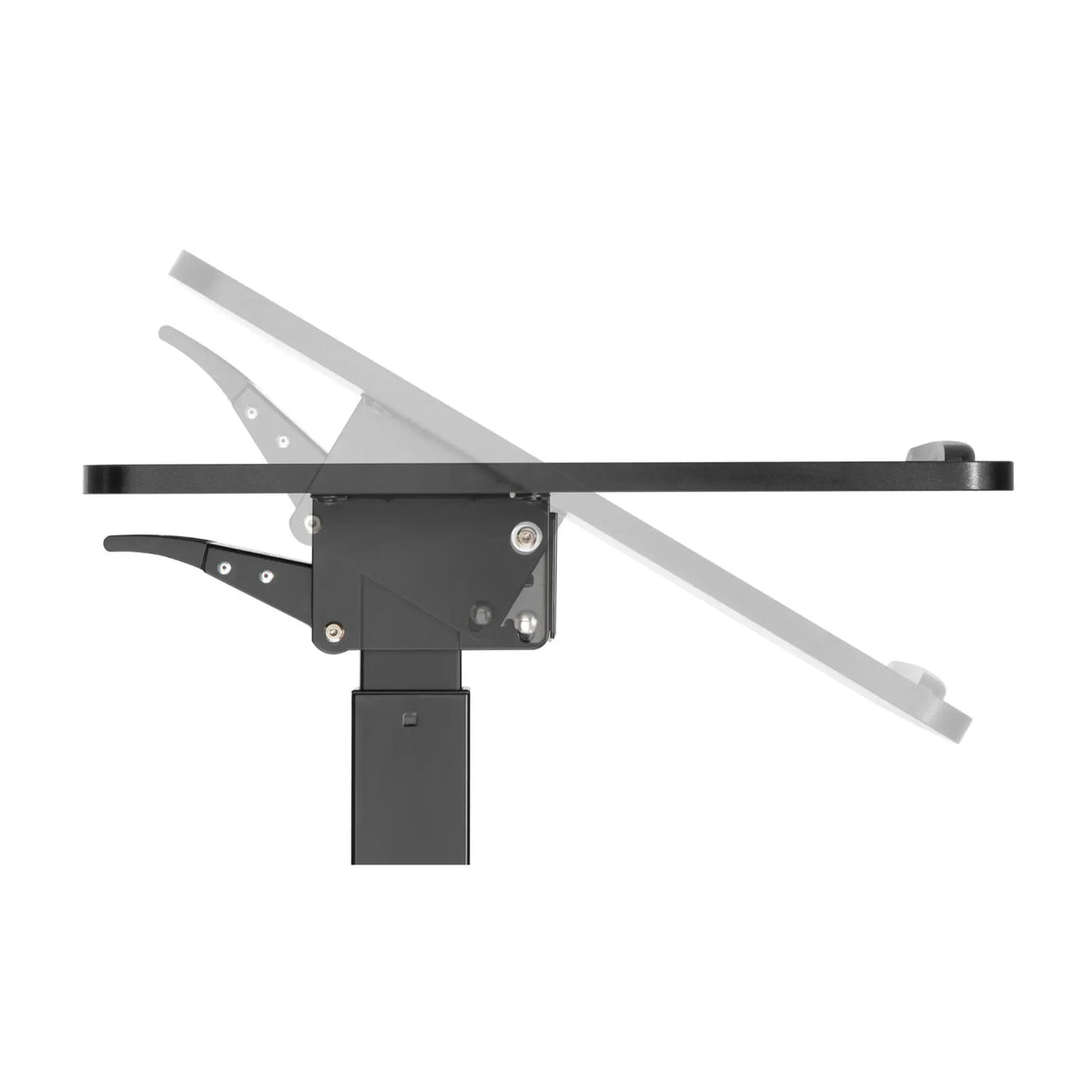 Black workstation surface showing the tilt flexibility on a white background