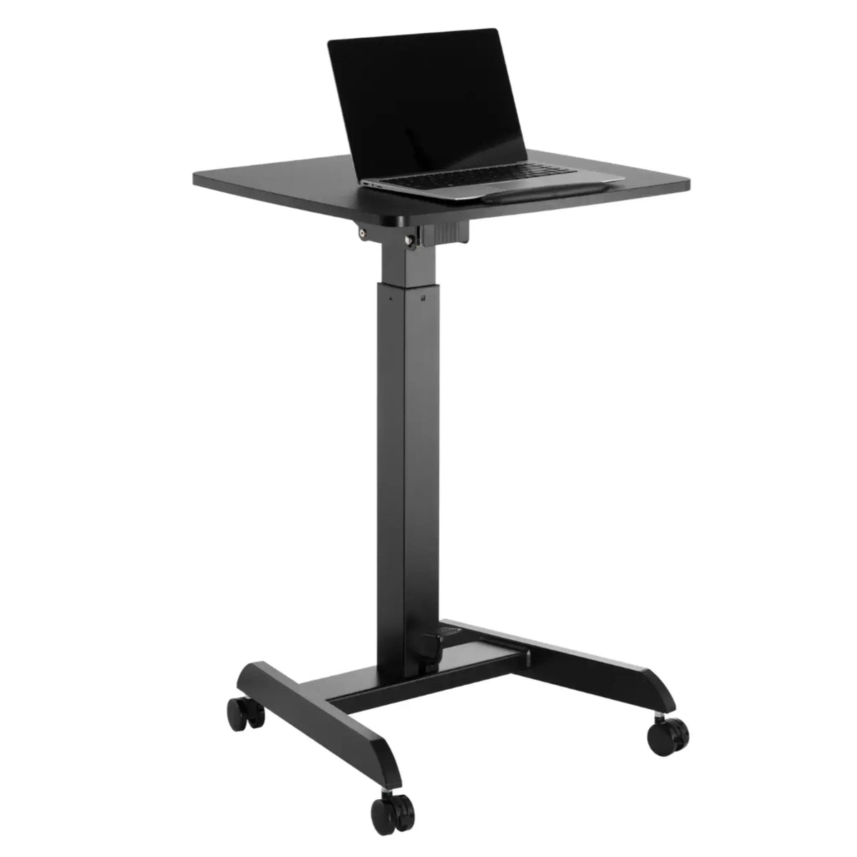 Black adjustable standing desk with a laptop on a white background
