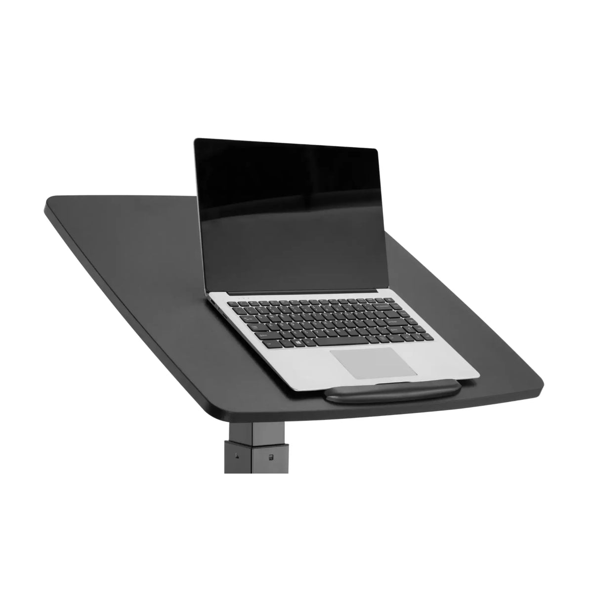 Laptop on a black adjustable stand against a white background