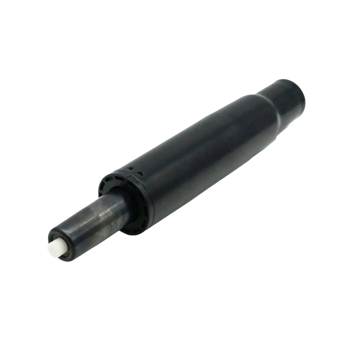 Black cylindrical mechanical component on a white background