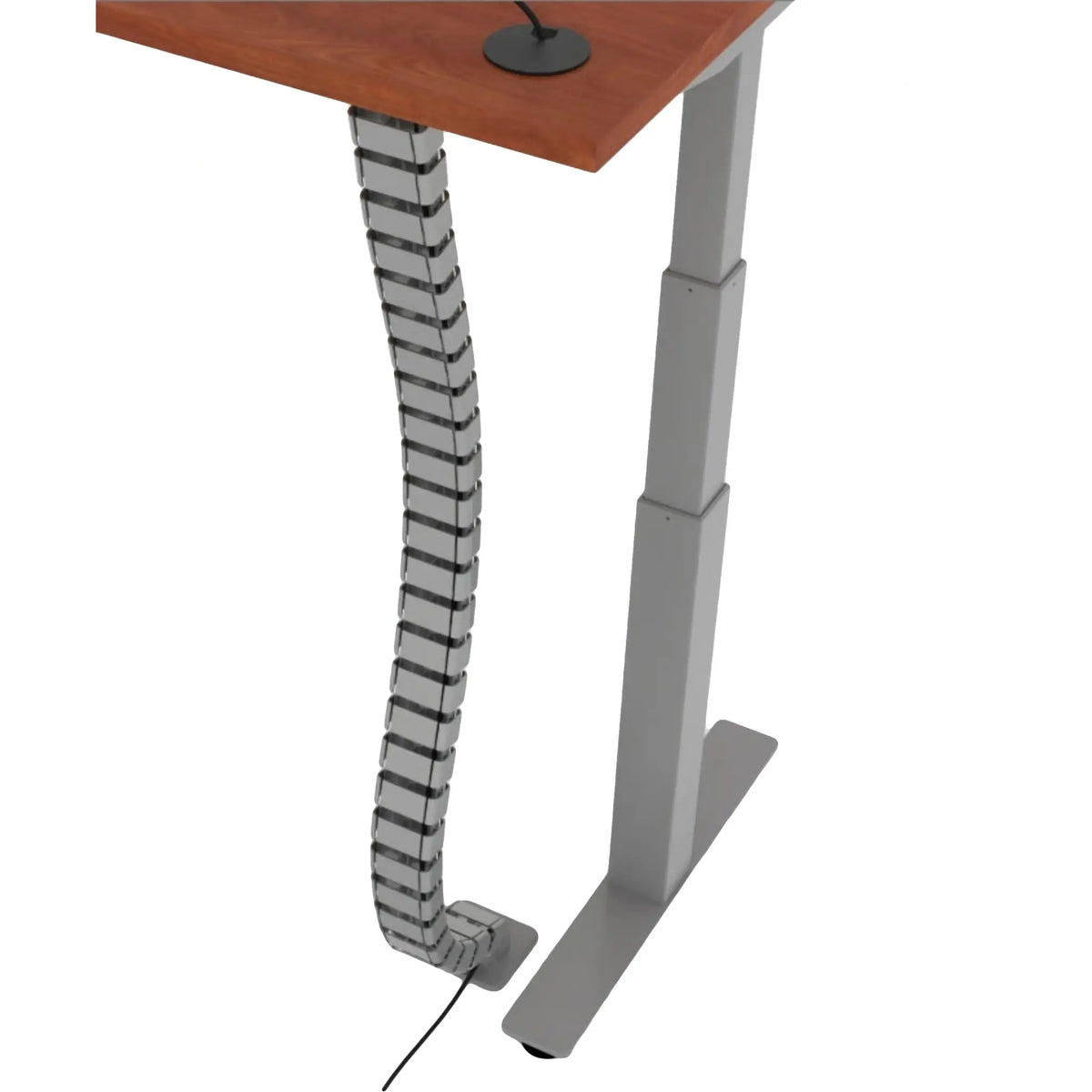 Adjustable desk with a cable management spine cover on a white background