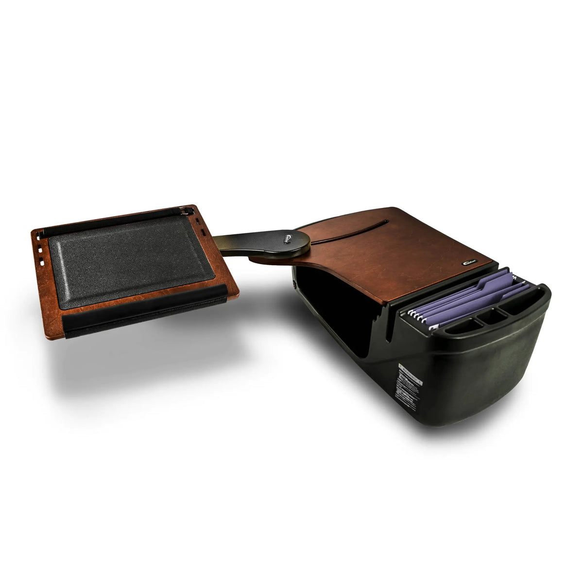 Mahogany desk attached to the black container with the extended arm with the grid surface on the white background.