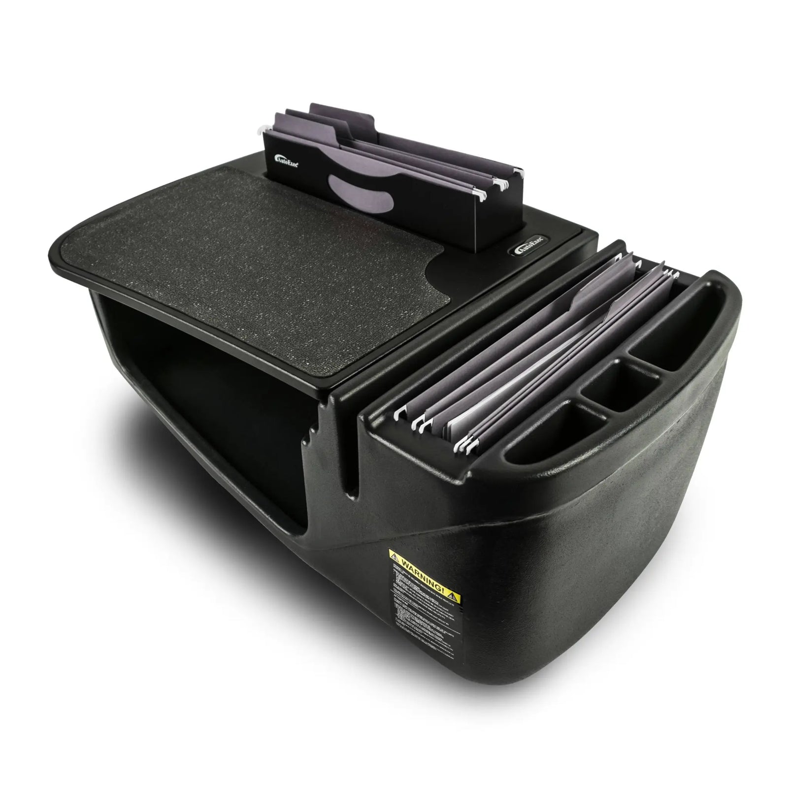 Black desk with the multiple compartments for files.