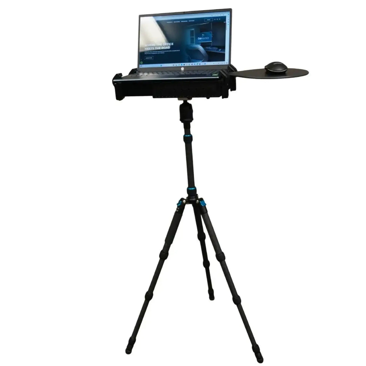 Laptop secured onto RAM tough tray with mouse extension on top of the Gonomix mobile, adjustable tripod.