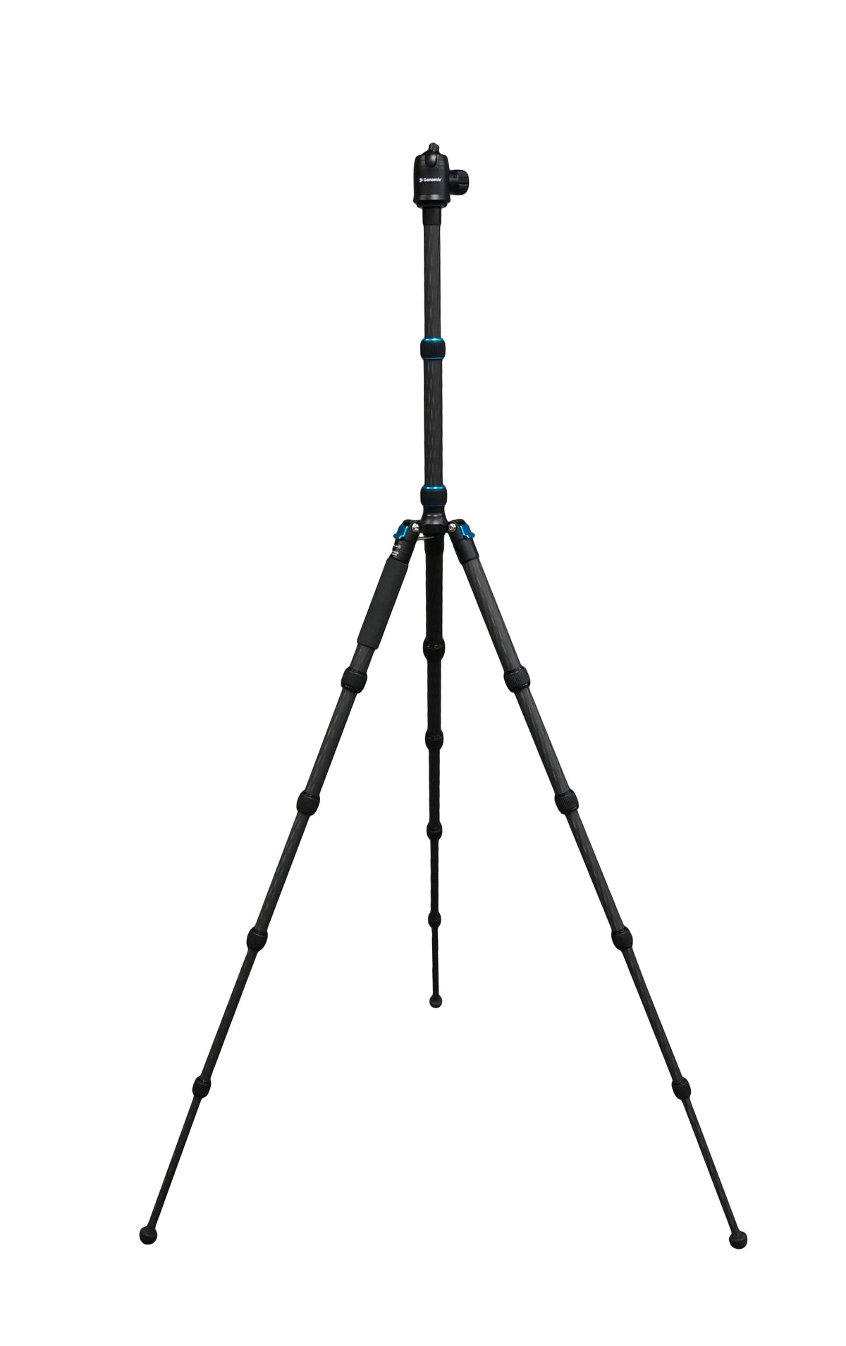 Fully extended black tripod with blue accents