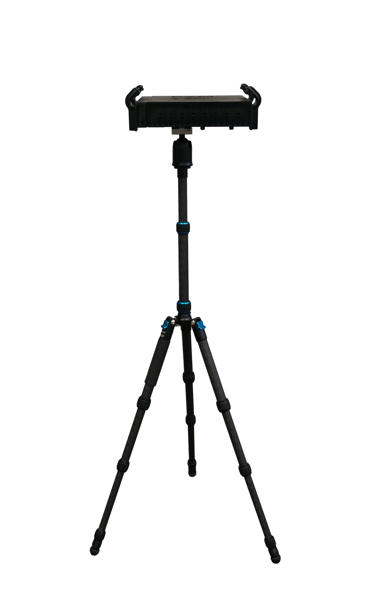 Black tripod with blue accents with a black laptop tray on top