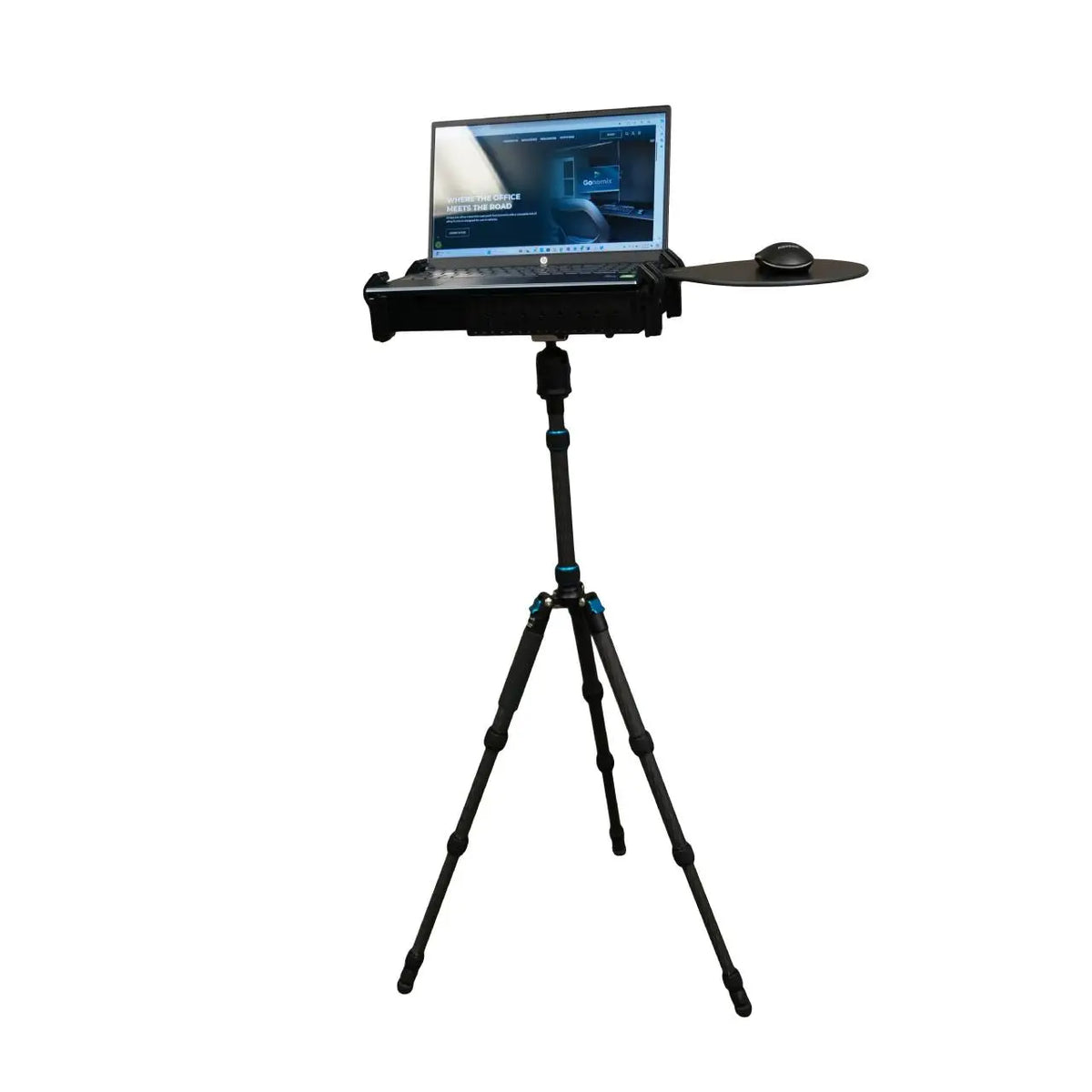 Tripod with laptop stand and mouse pad with a laptop and computer mouse