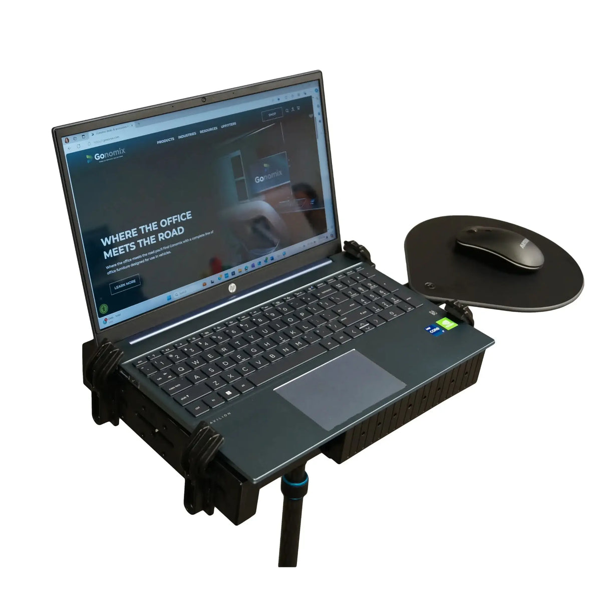 Laptop secured a RAM tough tray with a mouse arm.
