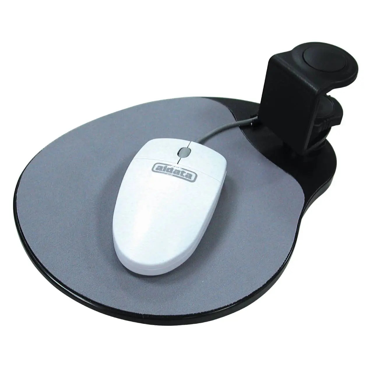 A under the desk mounting black plastic mouse platform with an integrated wrist rest. On the center gray pad there is a white mouse with the brand “aidata” printed on it