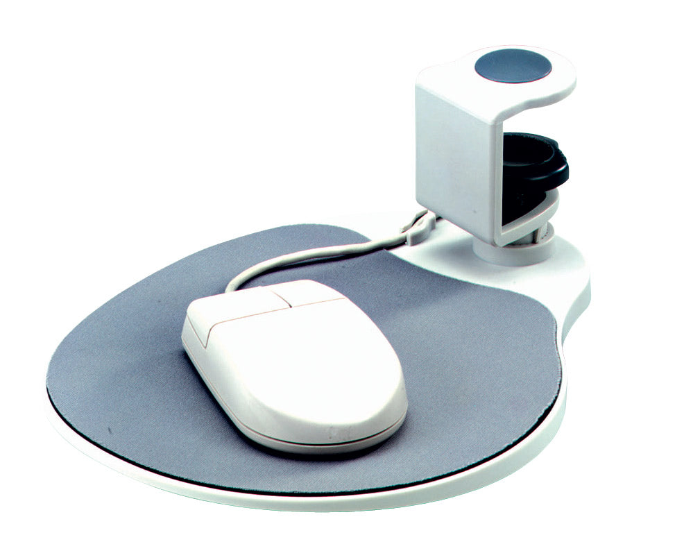 A under the desk mounting white plastic mouse platform with an integrated wrist rest. There is a white corded mouse resting on it