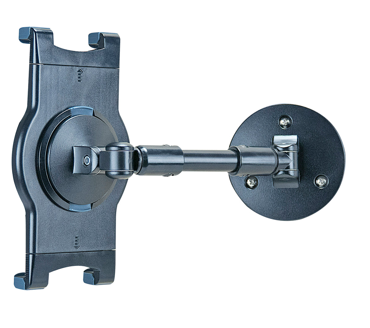 Dark gray, wall-mounted TV bracket with an articulated arm and multiple screw holes