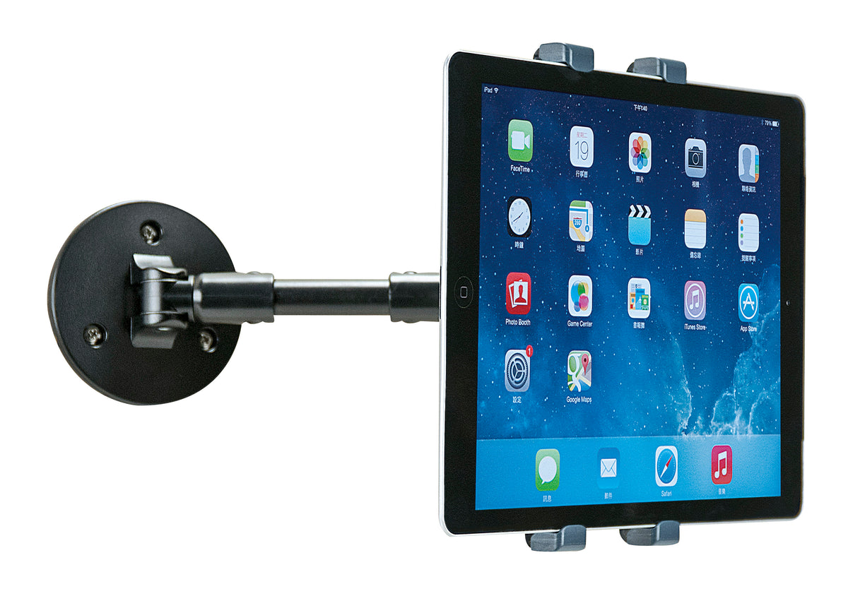 Functional iPad displaying colorful apps, mounted on a black, adjustable wall bracket with an articulating arm