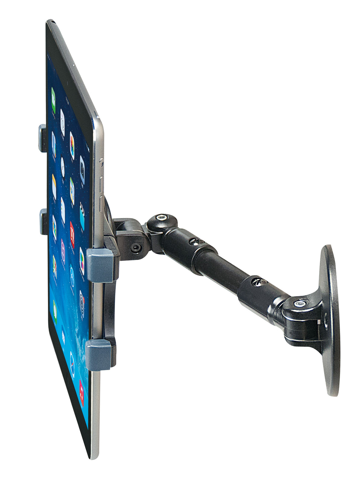 An iPad with a blue screen displaying various application icons, securely held by a black, adjustable, articulating arm wall bracket, allowing for flexible positioning and angles