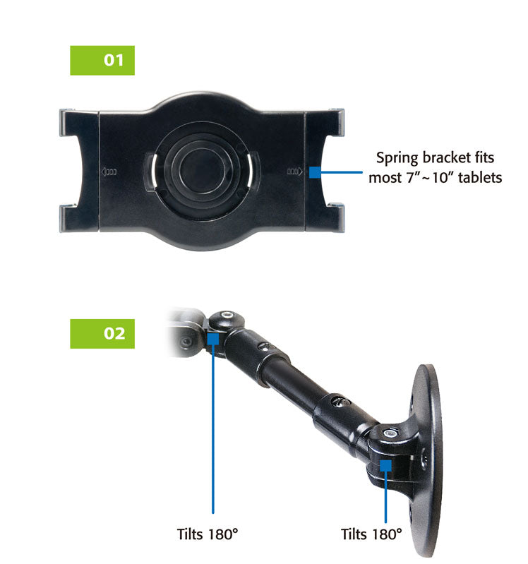 Two components of a tablet mounting system: a black spring bracket labeled ‘01’ for 7”-10&quot; tablets, and an adjustable arm labeled ‘02’ with a suction cup and a joint that tilts 180 degrees