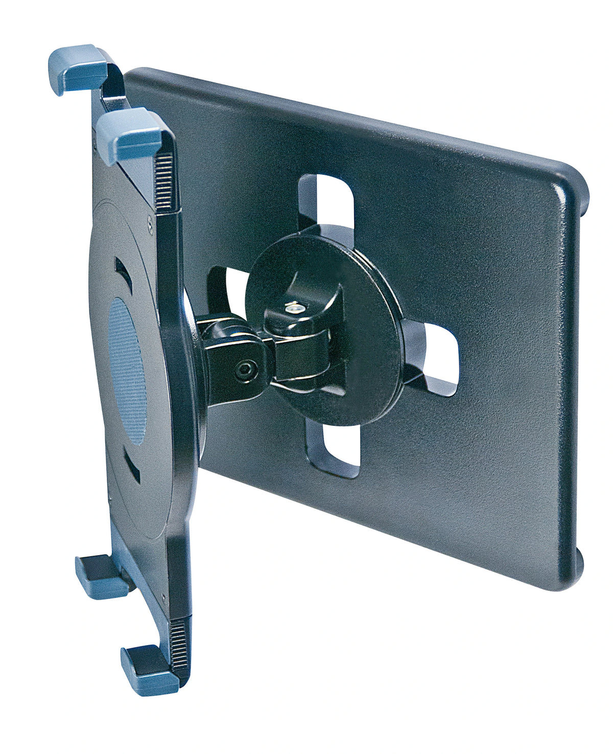 Black, rectangular electronic device holder with adjustable blue grips at the corners, attached to a circular swivel mount with a tightening knob on a white background. Base angled to the left.