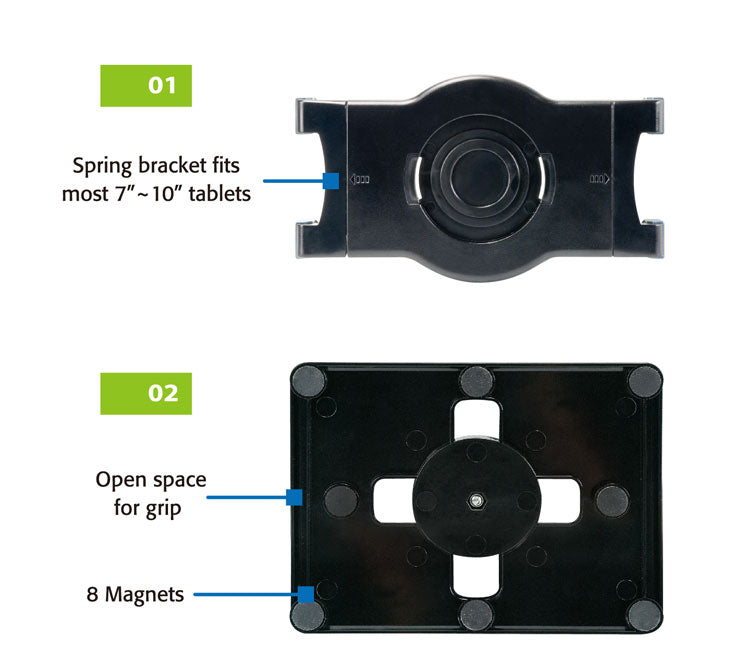 Two separate views of a black tablet mounting bracket. The front view shows a circular central holder with four extending arms, labeled ‘Spring bracket fits most 7&quot;-10&quot; tablets.’ The back view highlights an ‘Open space for grip’ and ‘8 Magnets’ positioned around a central circular area.