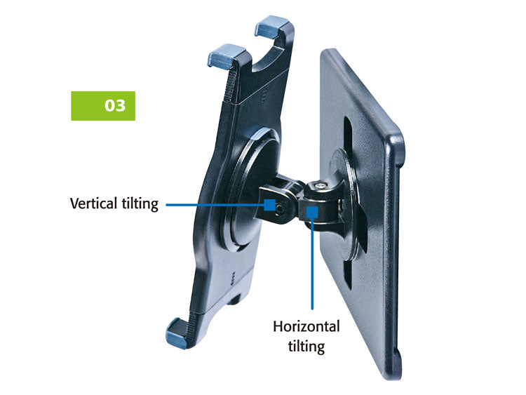 Dual-axis tilting mechanism with components labeled to indicate the directions of vertical and horizontal movement, with a green square labeled ‘03’ in the upper left corner