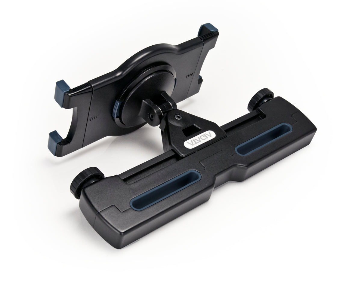 the side view of a black tablet car headrest mount. The mount has black adjustable tablet grips and is mounted on a black rectangular piece of sturdy plastic with 2 slots for the metal mounts on a car headrest. There are 2 black adjustable knobs by the where the tablet is mounted for custom sizing. 