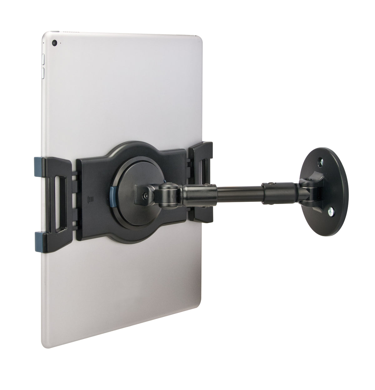 Tablet mounted on a wall using an adjustable arm bracket with multiple hinges, held in place by grips at each corner, allowing for landscape orientation and adjustable viewing angles.