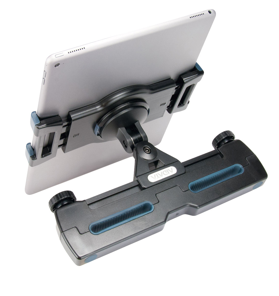 the back view of a tablet car headrest mount with a silver tablet secured in it. The mount has black adjustable tablet grips and is mounted on a black rectangular piece of sturdy plastic with 2 slots for the metal mounts on a car headrest. There are 2 black adjustable knobs by the where the tablet is mounted for custom sizing