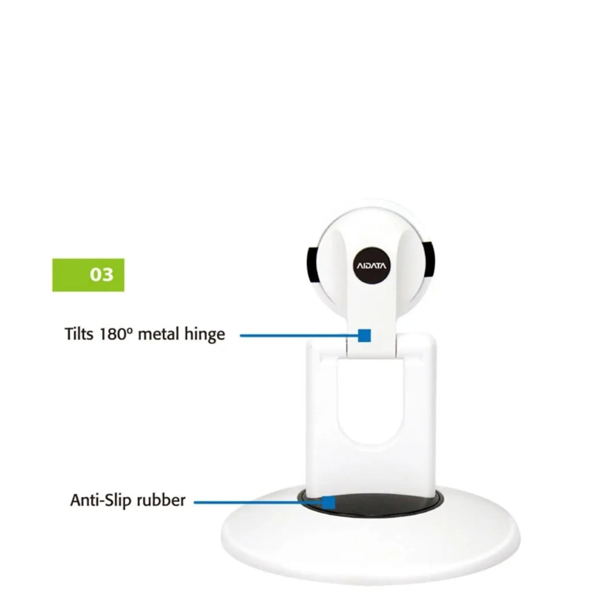Tilting metal hinge and anti-slip rubber features of the 
Universal Tablet ViewStation