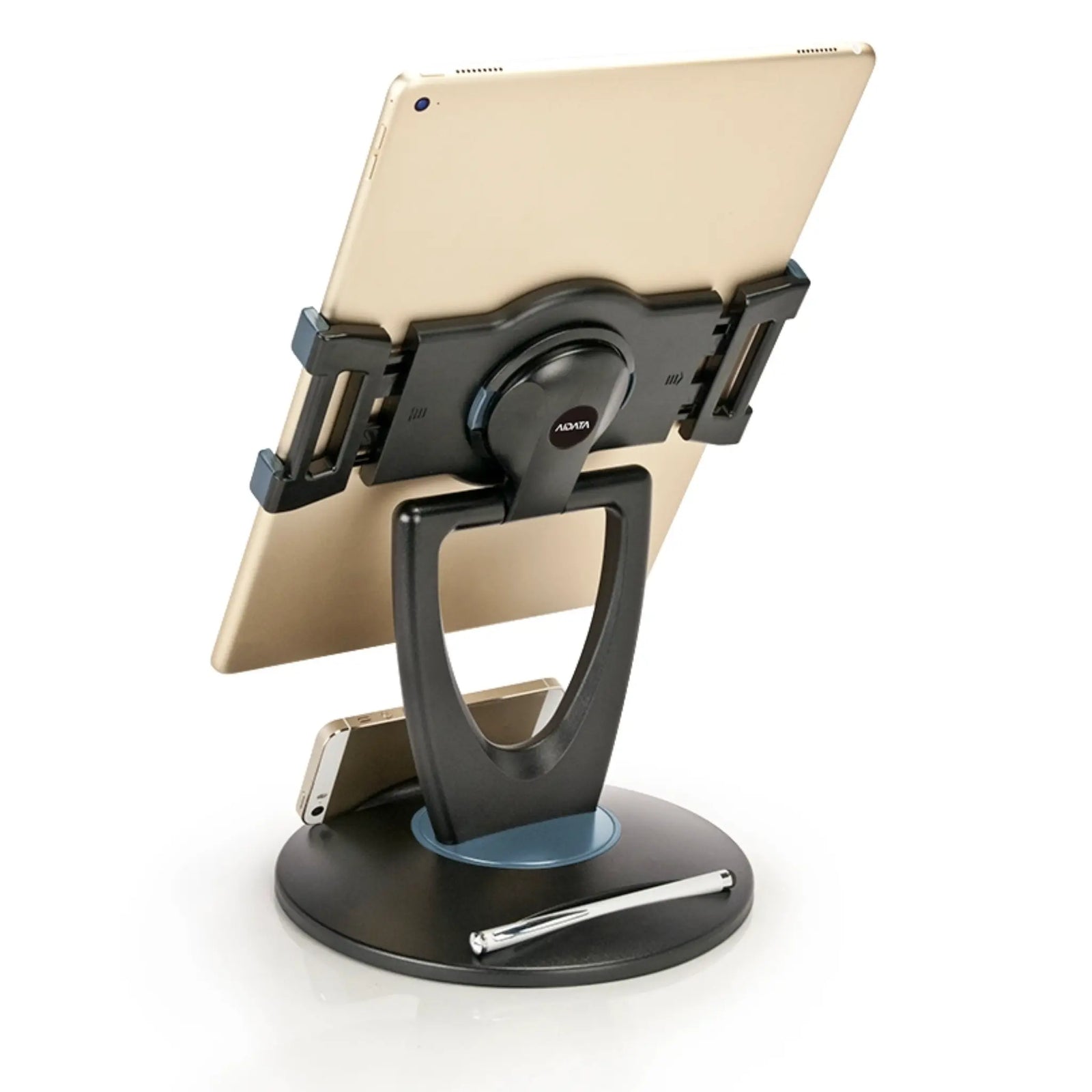 Black Universal Tablet ViewStation (XL) holding a tablet with IPhone mounted 
